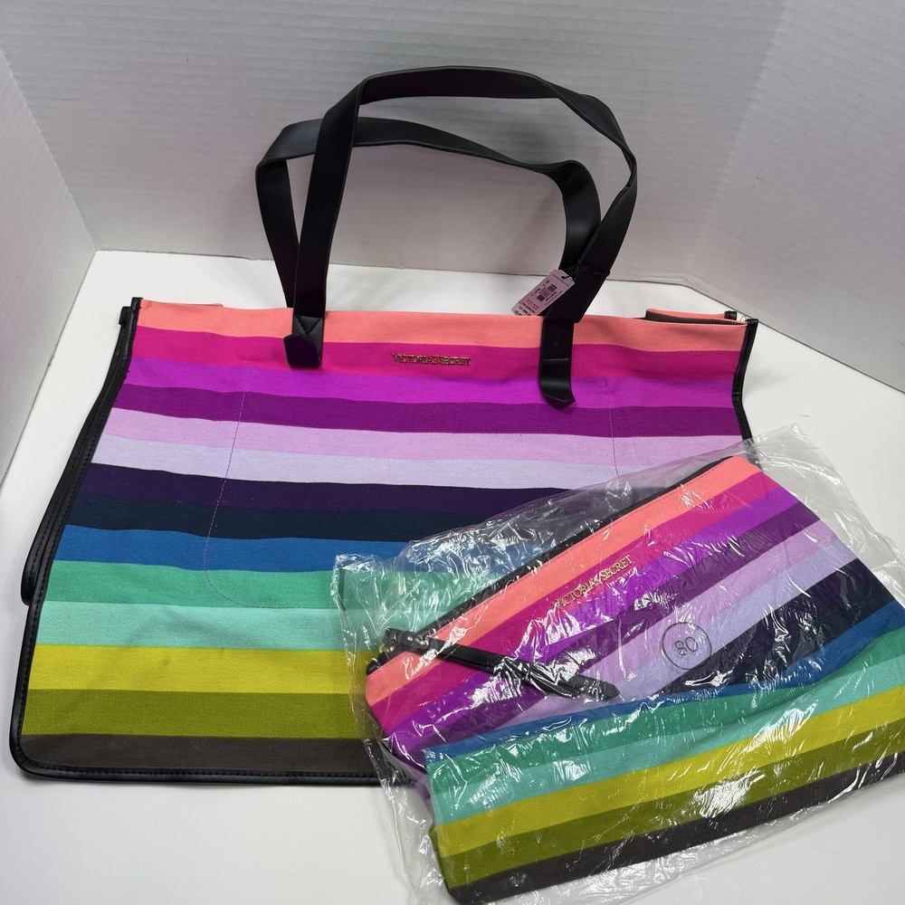 Victorias Secret Tote Bag Womens Large Multicolor Stripe Canvas Travel Pouch